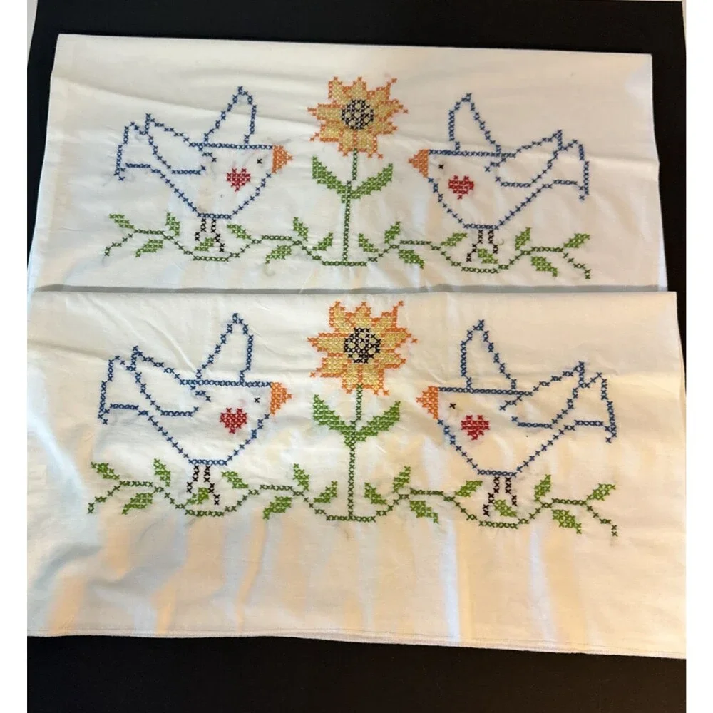 Hand Cross stitched Pillowcases Floral Bird Standard Sz Farmhouse Cottage